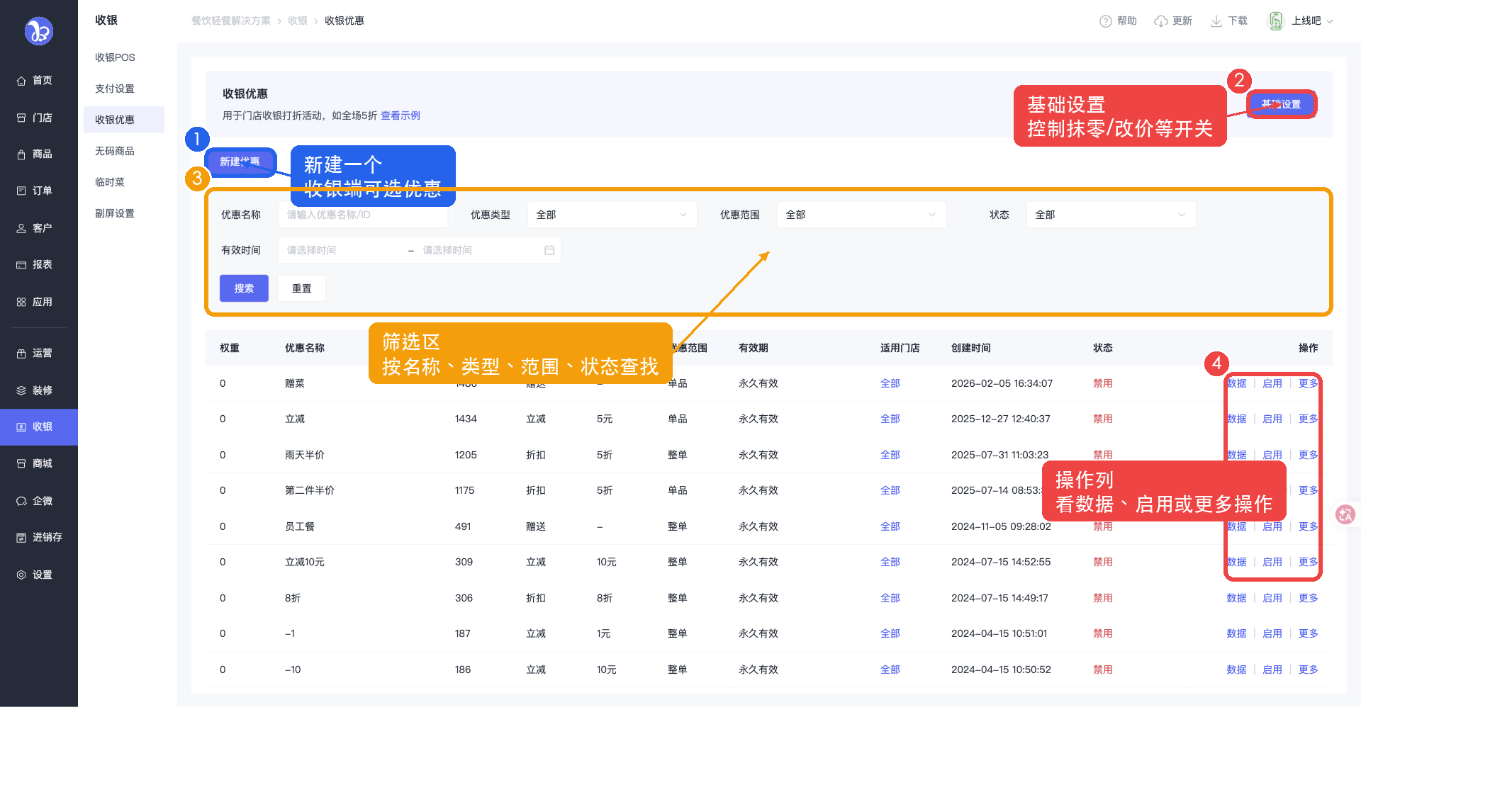 收银优惠列表截图标注